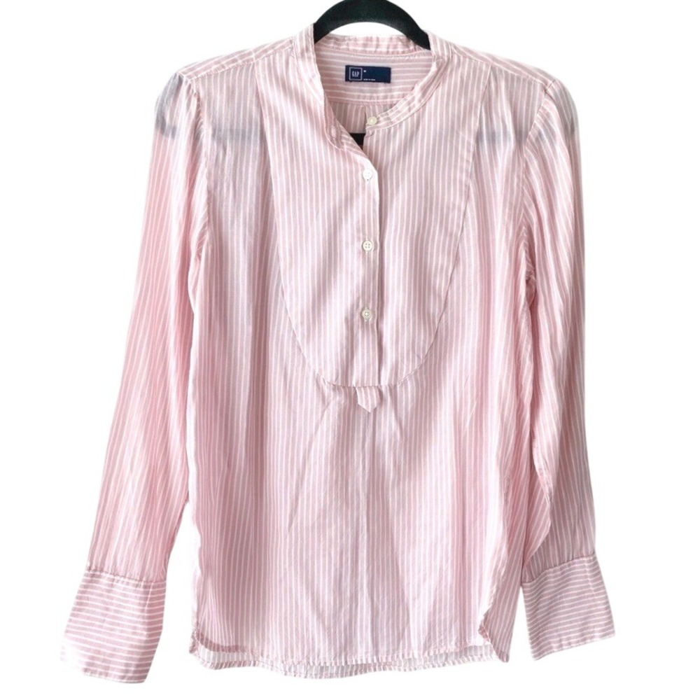 Gap Womens Popover Blouse M Pink Cotton Pinstripe‎ Lyocell Coastal Preppy Pastel
